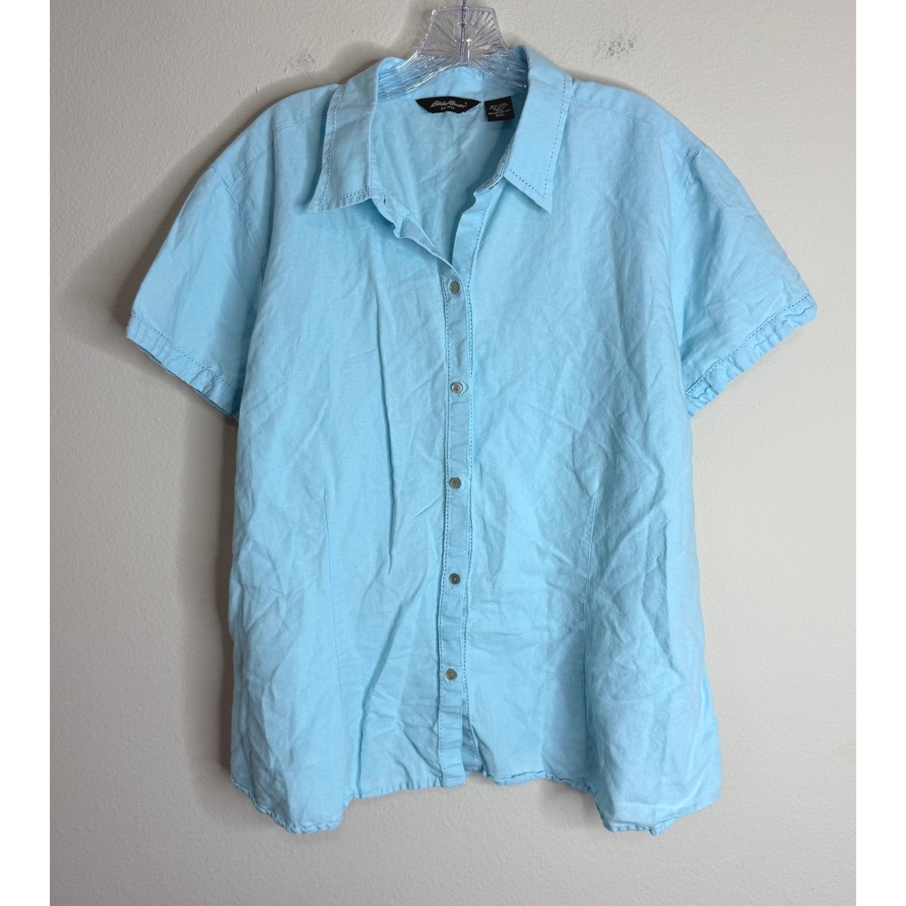 Eddie Bauer Button Down Women XXL Light Blue Linen Blend Short Sleeve Shirt